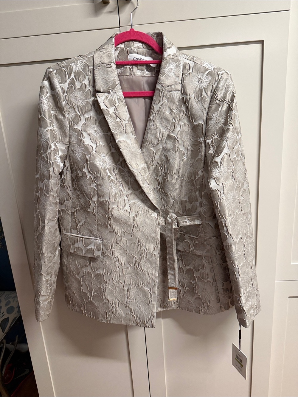 Calvin Klein Silver Floral Jacquard Single-Button Blazer